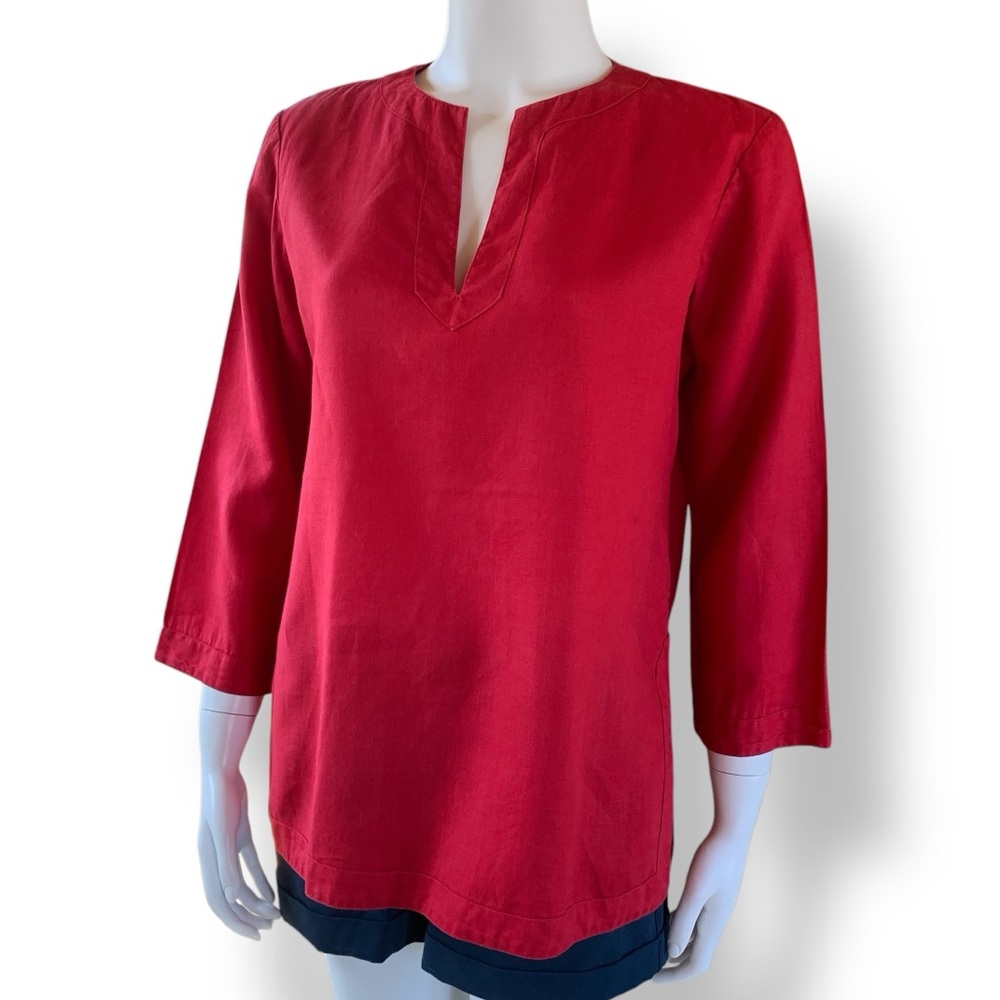 Chaps Linen Tunic Top Small Red 100% Linen 3/4 Sleeve Split Neck
